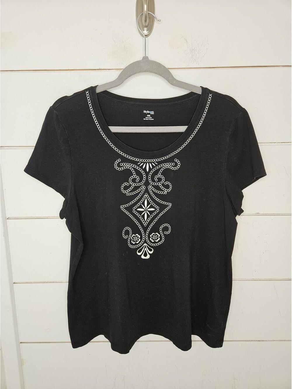 Style & Co. XL Petite black with white embroidery tee shirt